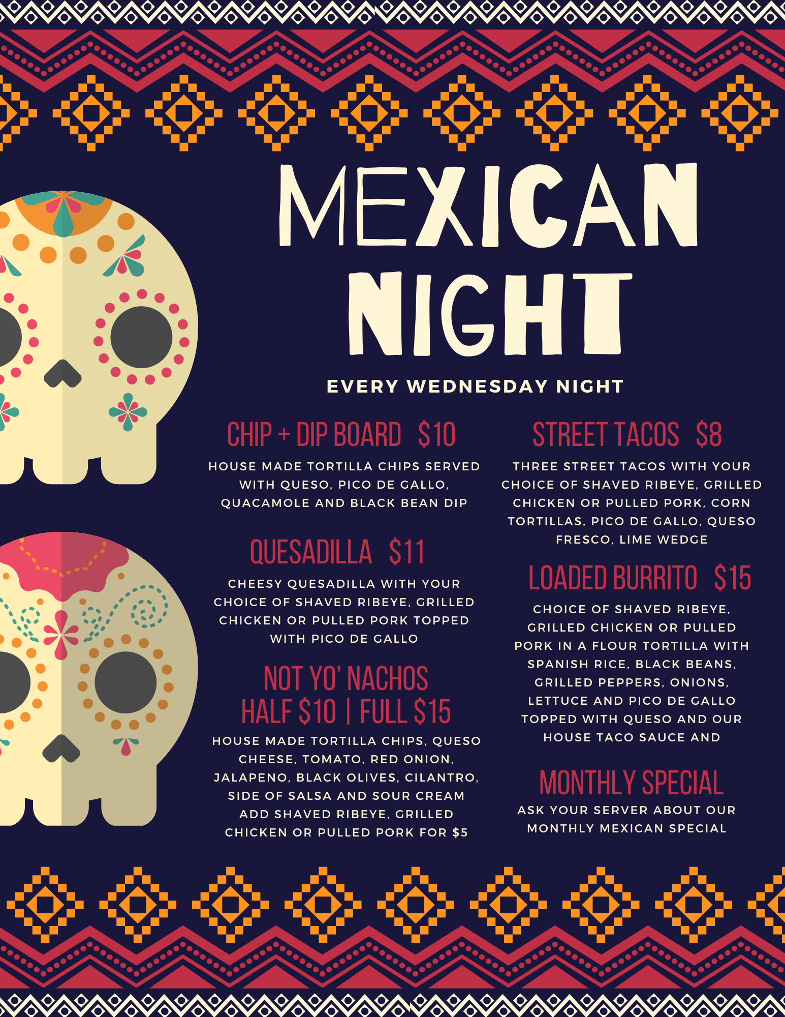 Mexican Night Menu at Stellar 181 in Spring Valley Minnesota