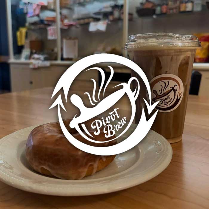 A glazed donut and iced coffee by the Pivot Brew logo, Stellar 181 Taphouse contact information.
